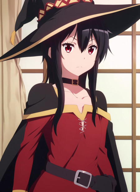 3978528696-3256830197-chuunibyou demo koi ga shitai , masterpiece, best quality, megumin, 1girl, bare shoulders, black cape, black gloves, black hair,.png